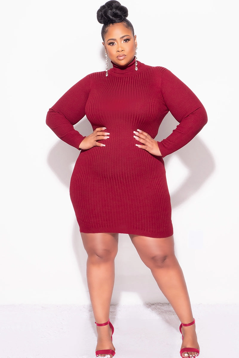 Versatile Comfort Wear Cool Touch Final Sale Plus Size Ribbed Turtle Neck Dress in Burgundy