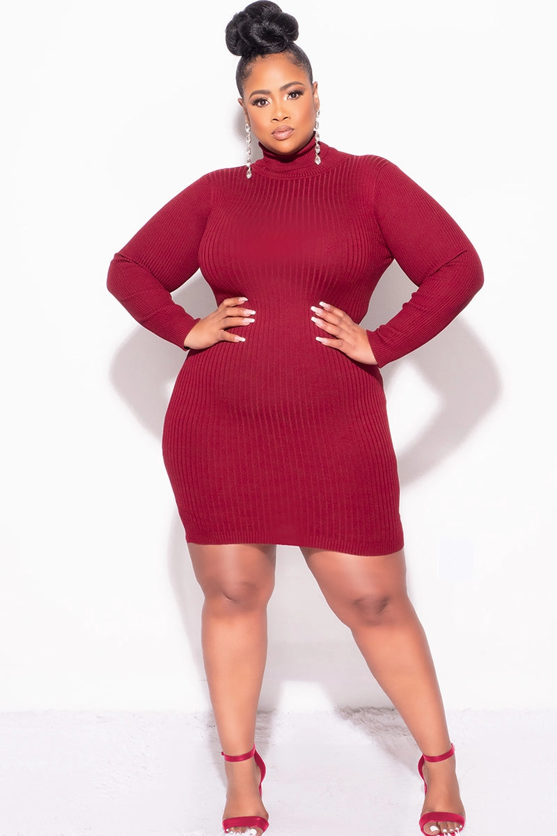Final Sale Plus Size Ribbed Turtle Neck Dress in Burgundy Durable Design Flat Lock Seams