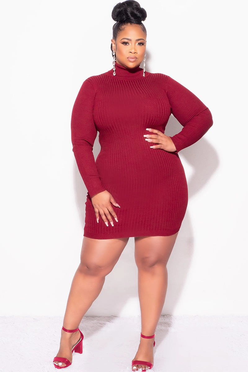 Final Sale Plus Size Ribbed Turtle Neck Dress in Burgundy No Ride Fit