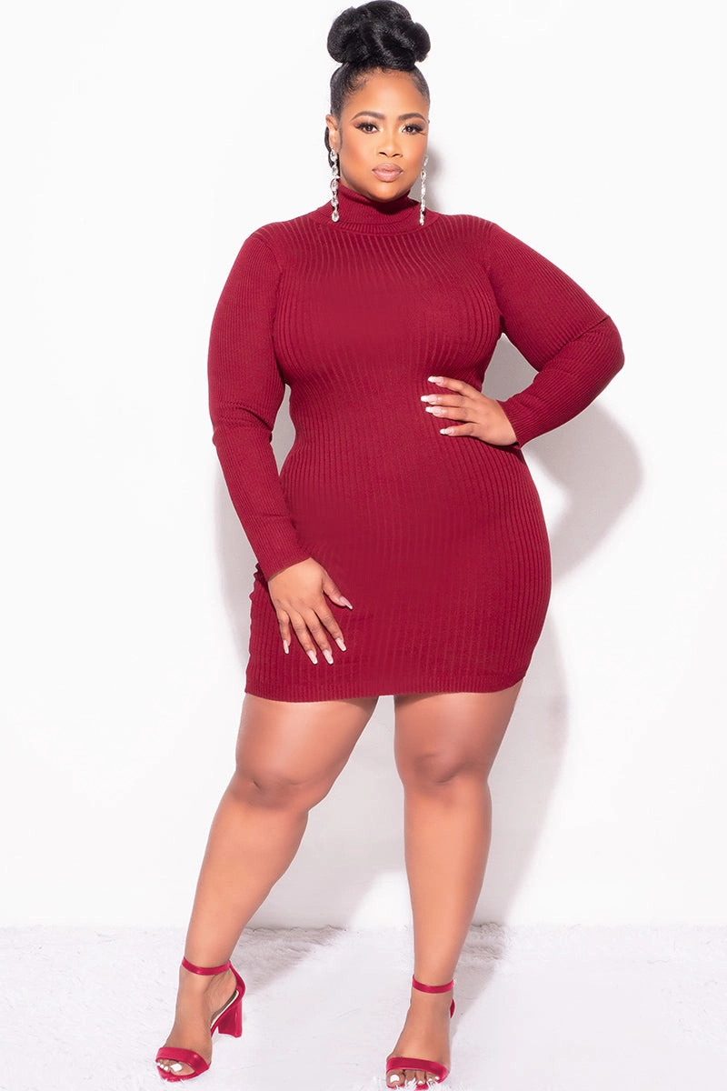 SecureZipperClosures Chilly Weather Comfort Final Sale Plus Size Ribbed Turtle Neck Dress in Burgundy