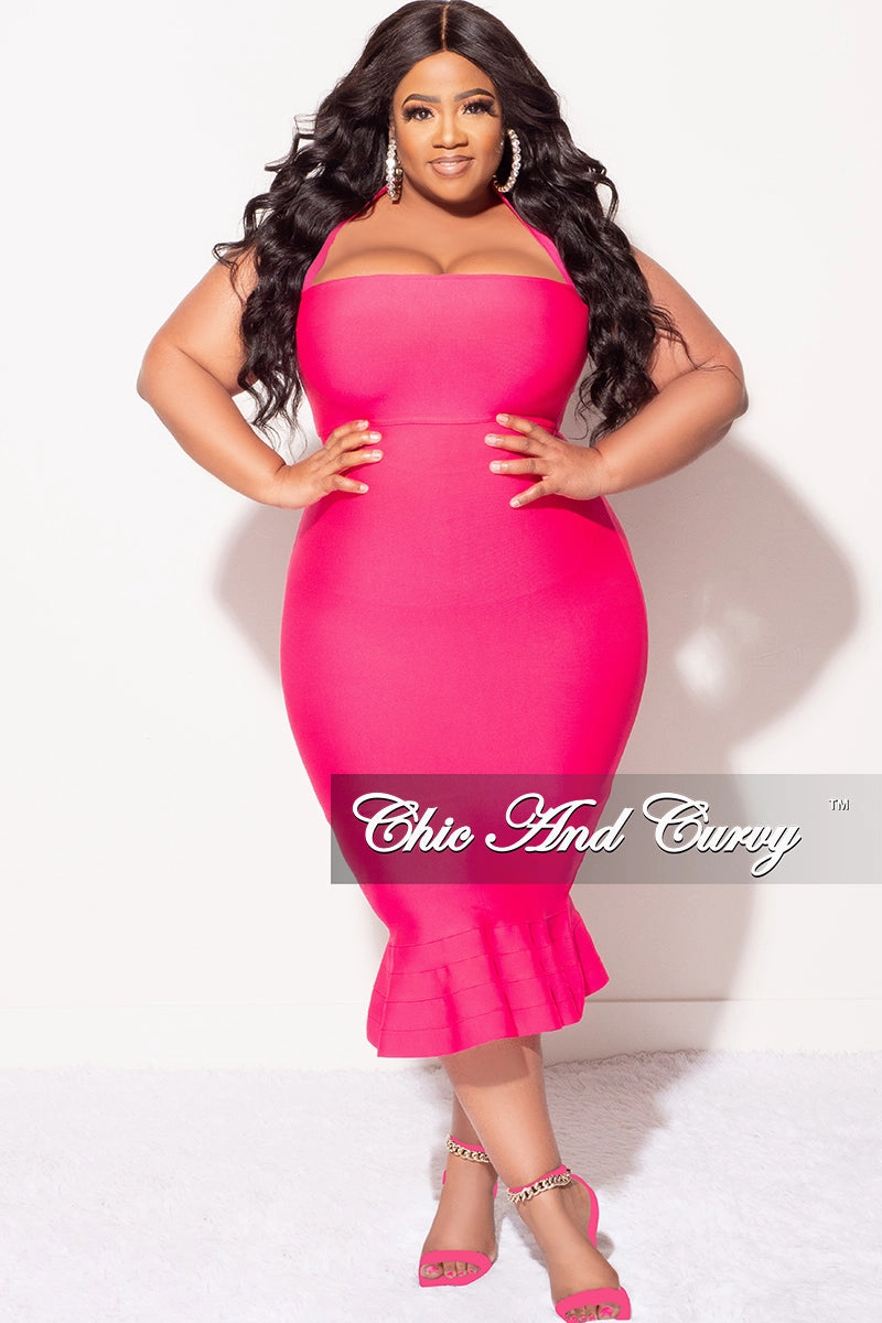 Seamless Knit Design Full Coverage Fit Final Sale Plus Size Halter Bandage Dress with Ruffle Bottom in Fuchsia