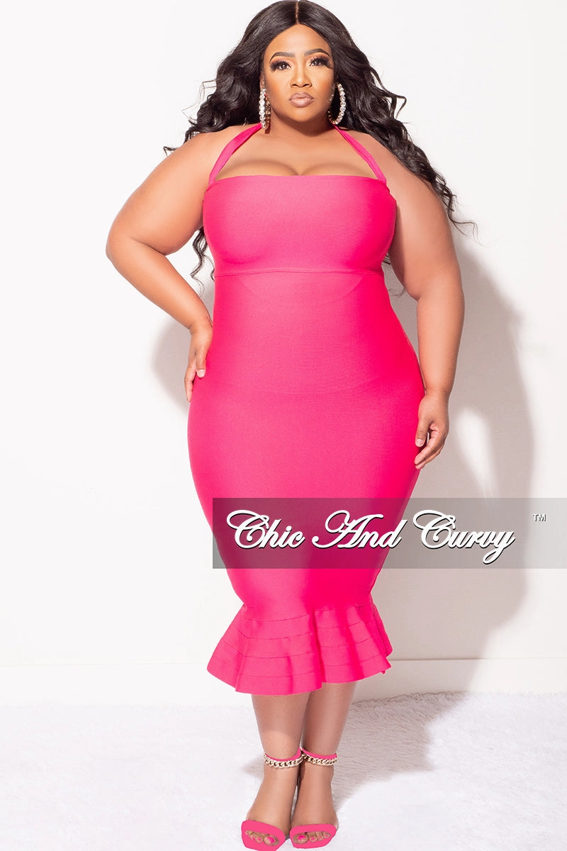 Final Sale Plus Size Halter Bandage Dress with Ruffle Bottom in Fuchsia Printed T-shirt HeatRegulating
