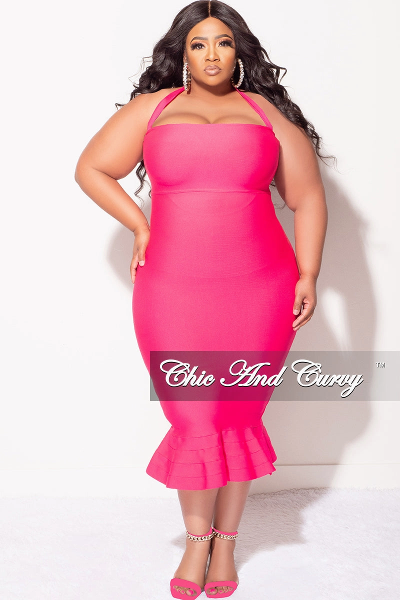 Recommended Final Sale Plus Size Halter Bandage Dress with Ruffle Bottom in Fuchsia