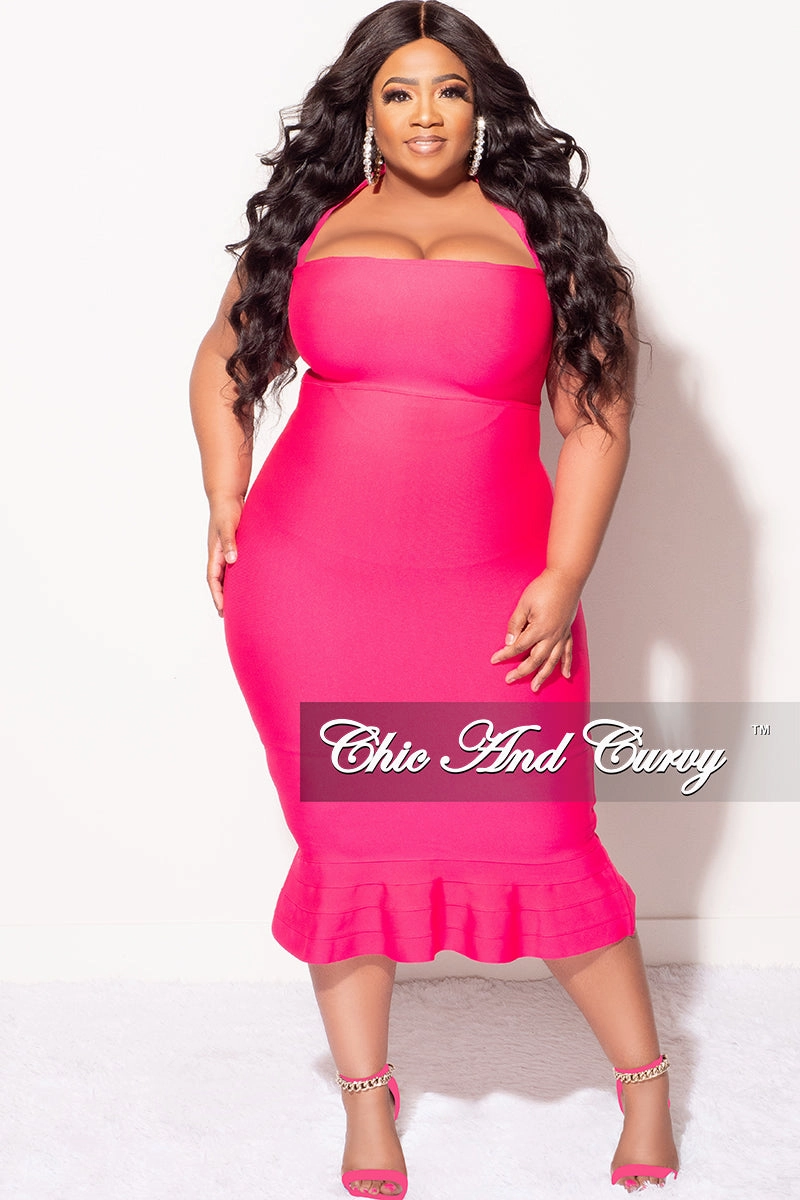 Thermal regulation Versatile Base Layer Final Sale Plus Size Halter Bandage Dress with Ruffle Bottom in Fuchsia