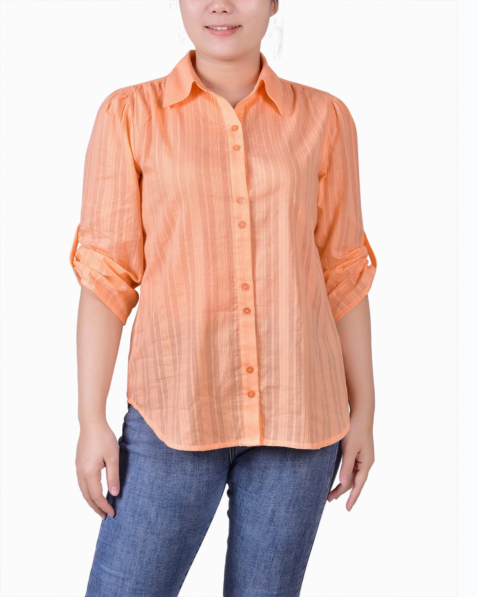 Compact Jacquard Weave MultiDirectionalStretch 3/4 Roll Tab Sleeve Cotton Blouse