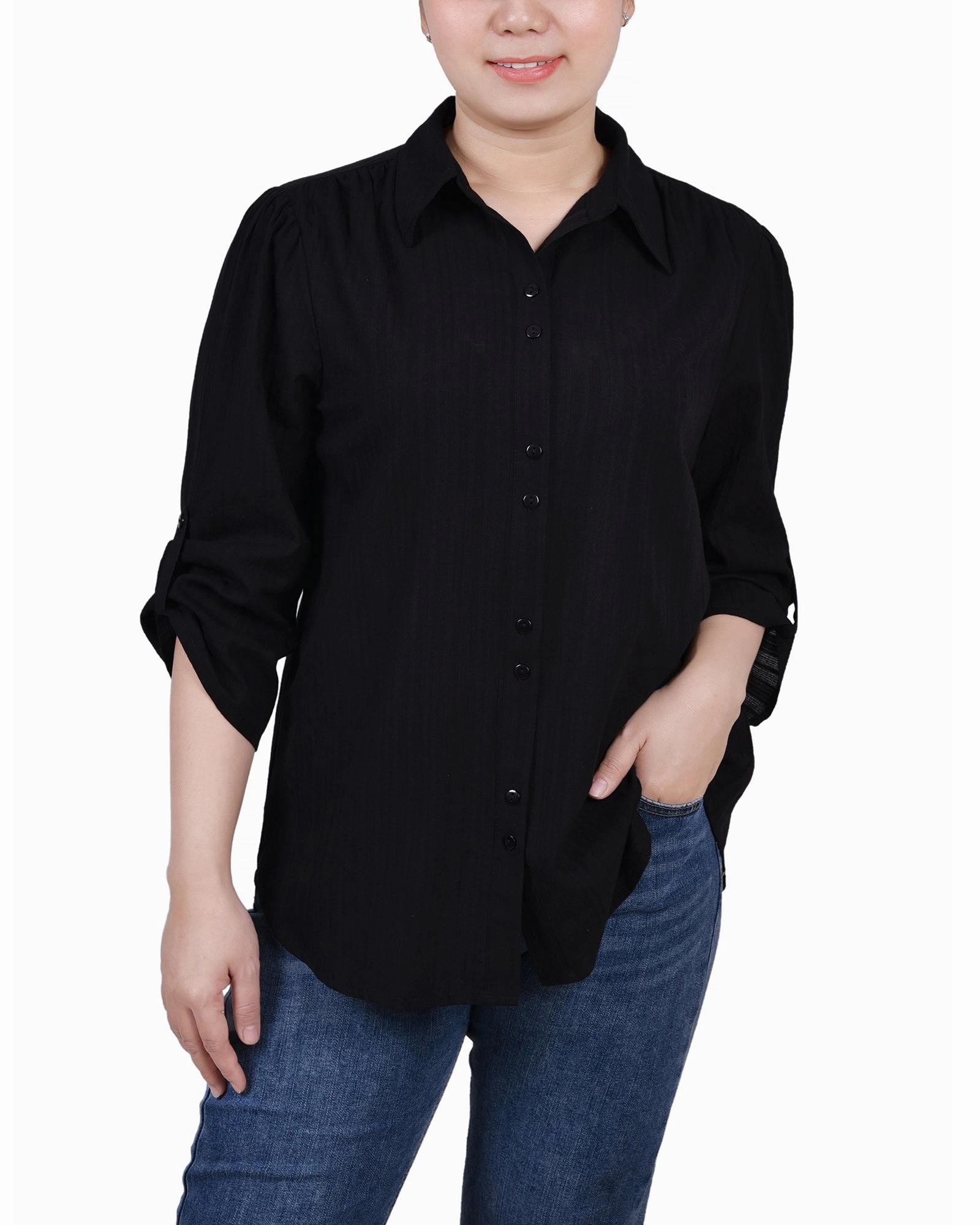 3/4 Roll Tab Sleeve Cotton Blouse MeshLining