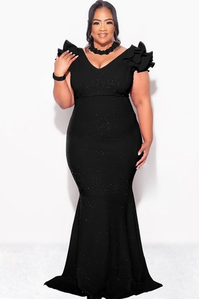 Final Sale Plus Size Gown with Layered Sleeves in Glitter Black Fabric High Collar Protection Design