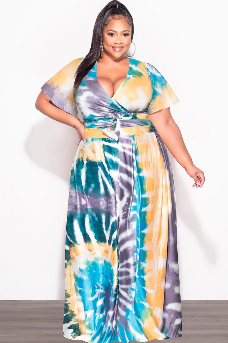 Final Sale Plus Size 2pc (Faux Wrap Crop Tie Top & Skirt) Set in Teal / Mustard Tie Dye Print Everyday Essential Flexible Design