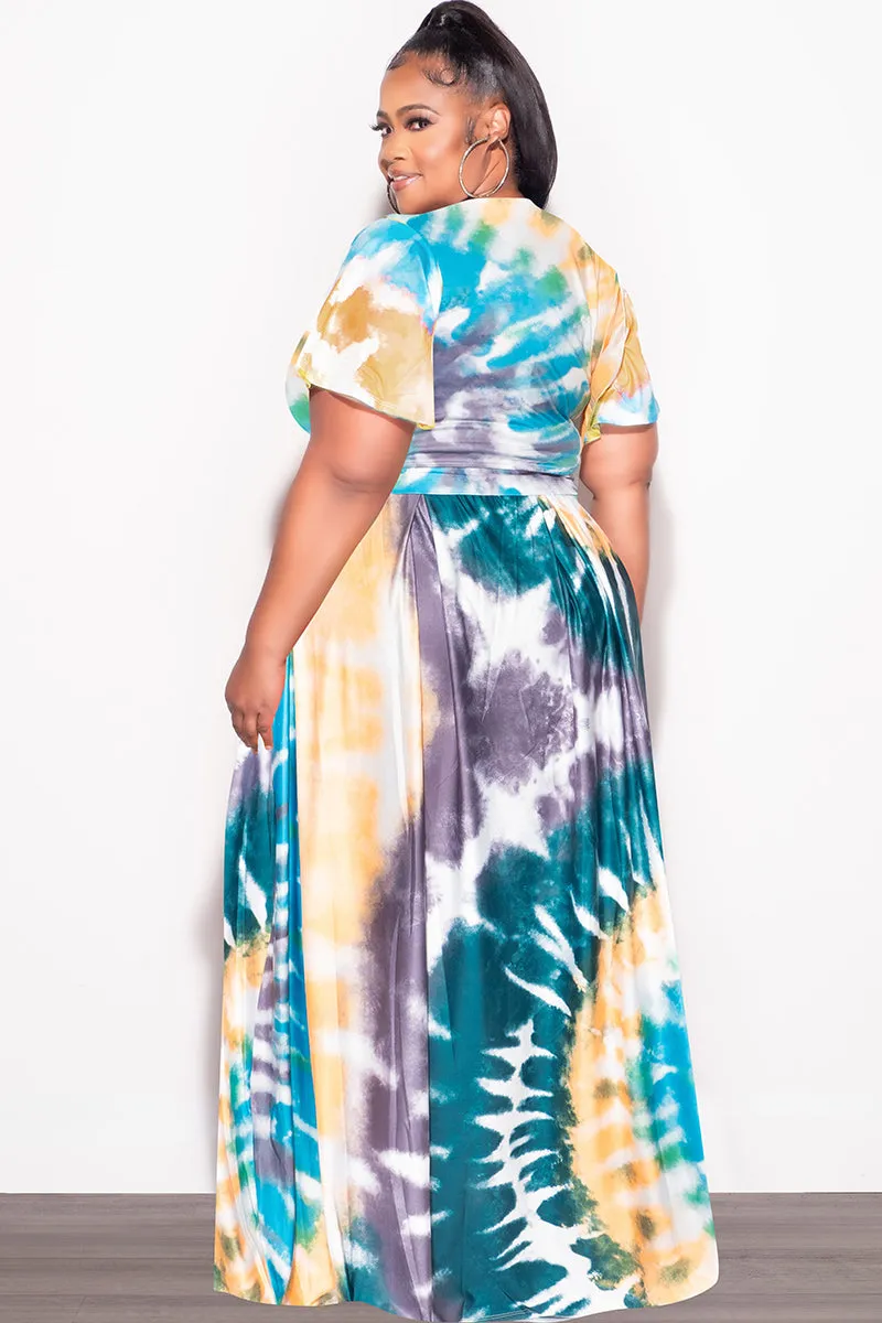 Comfy Shape Final Sale Plus Size 2pc (Faux Wrap Crop Tie Top & Skirt) Set in Teal / Mustard Tie Dye Print