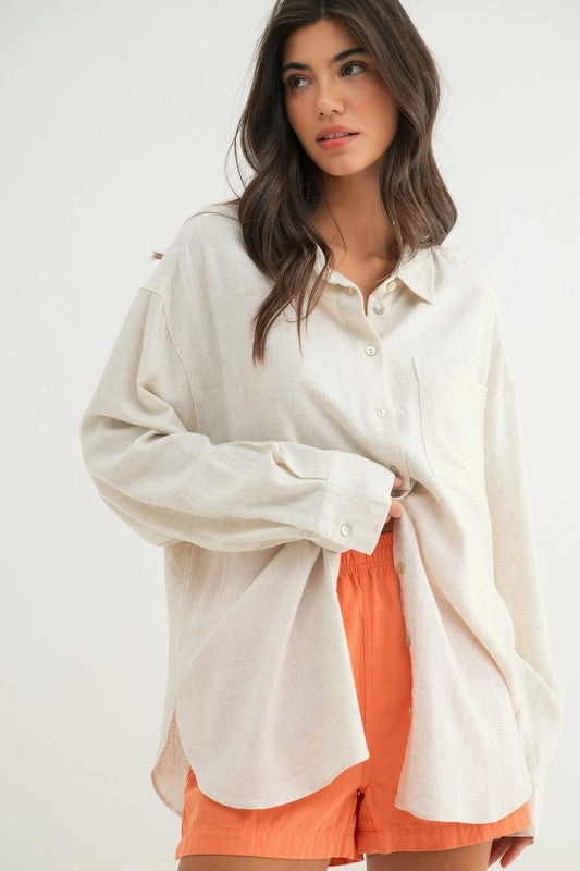Rolled Hem Finish BRIAR LINEN OVERSIZED BUTTON-UP SHIRT