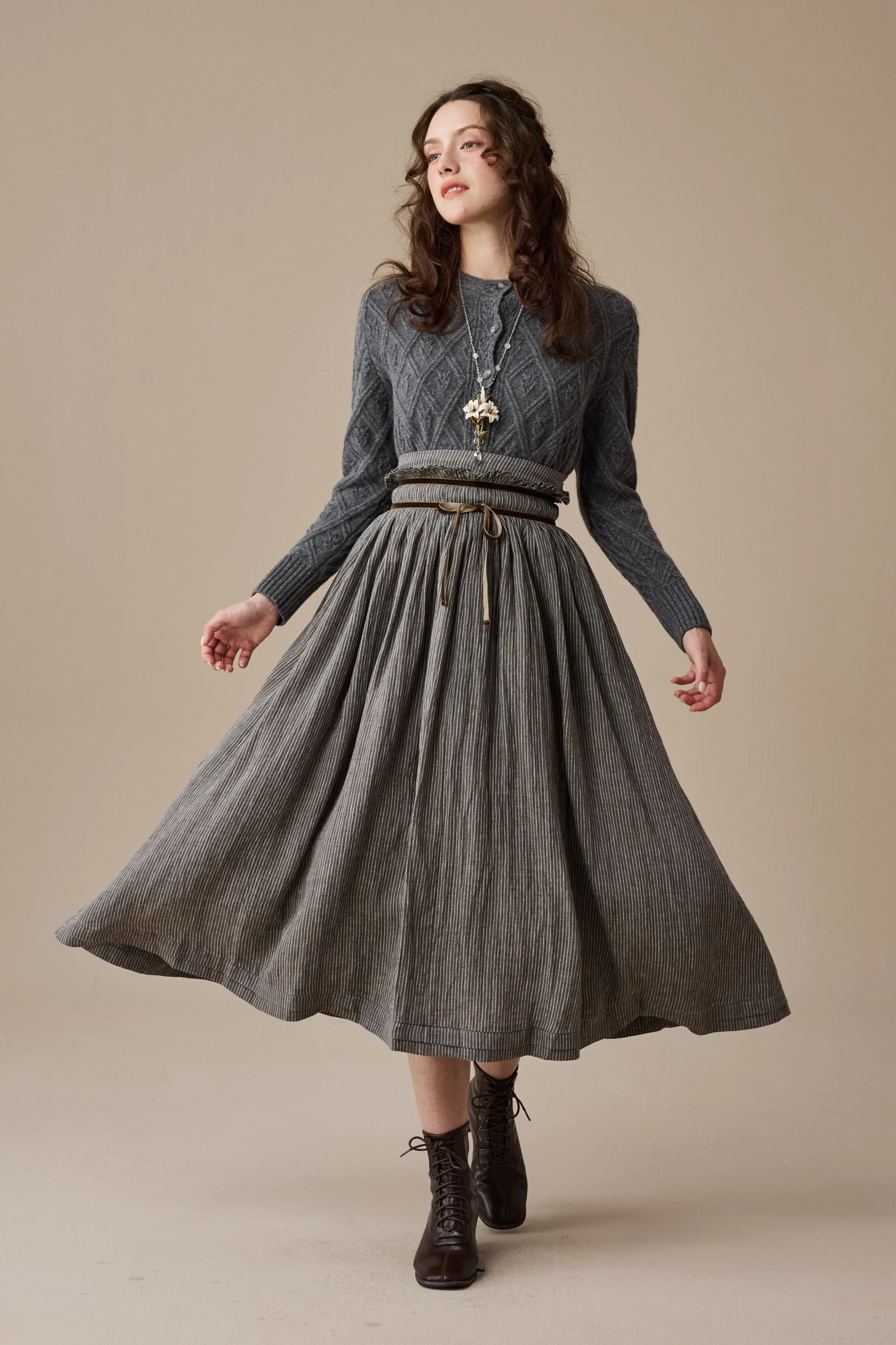 Bruna 17 |Striped Linen Skirt Breathable Ventilation Wrinkle Resistant Treatment