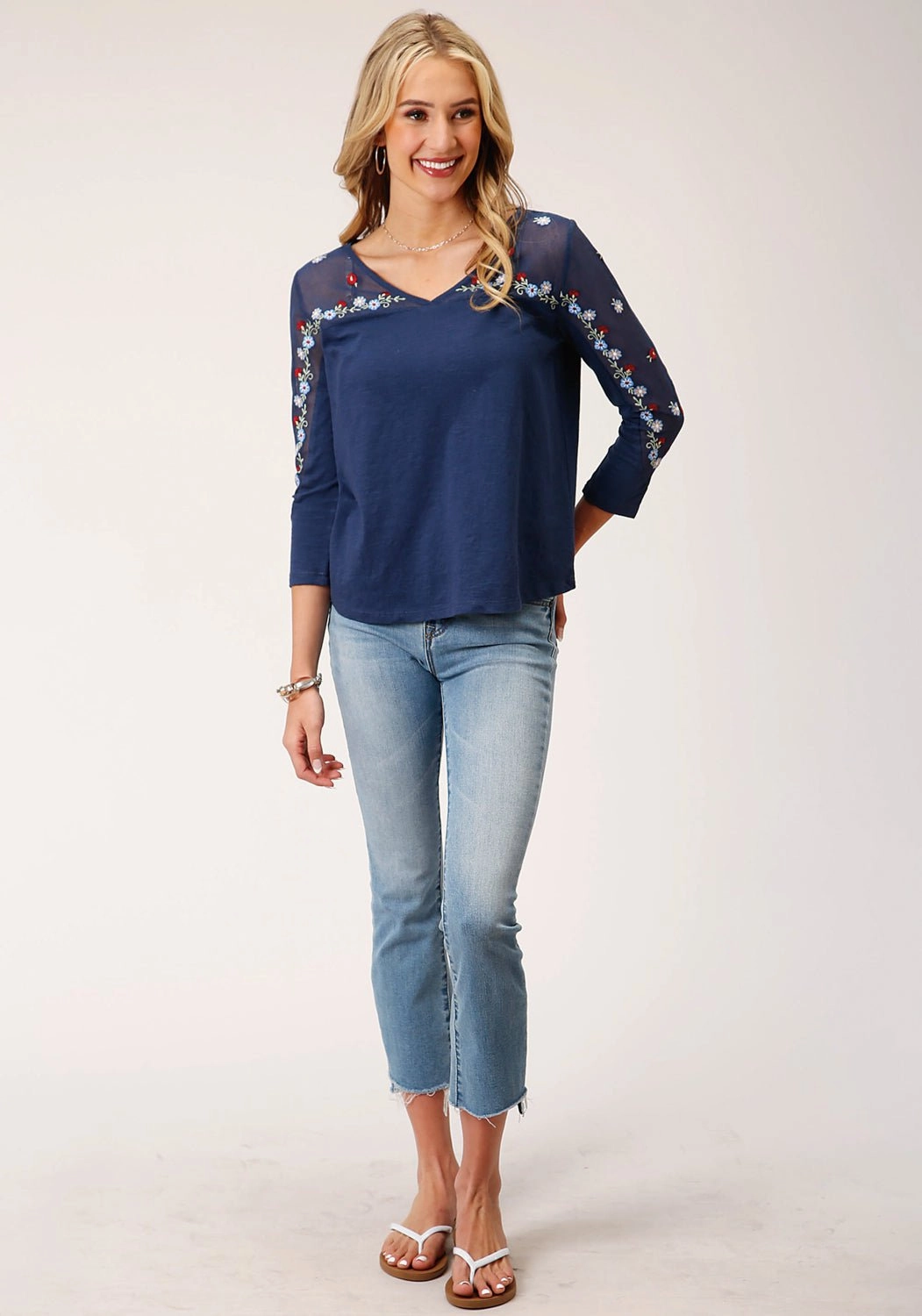 Roper Womens Floral Mesh Blue 100% Cotton 3/4 Sleeve S/S Tunic Cocktail Party slim fit