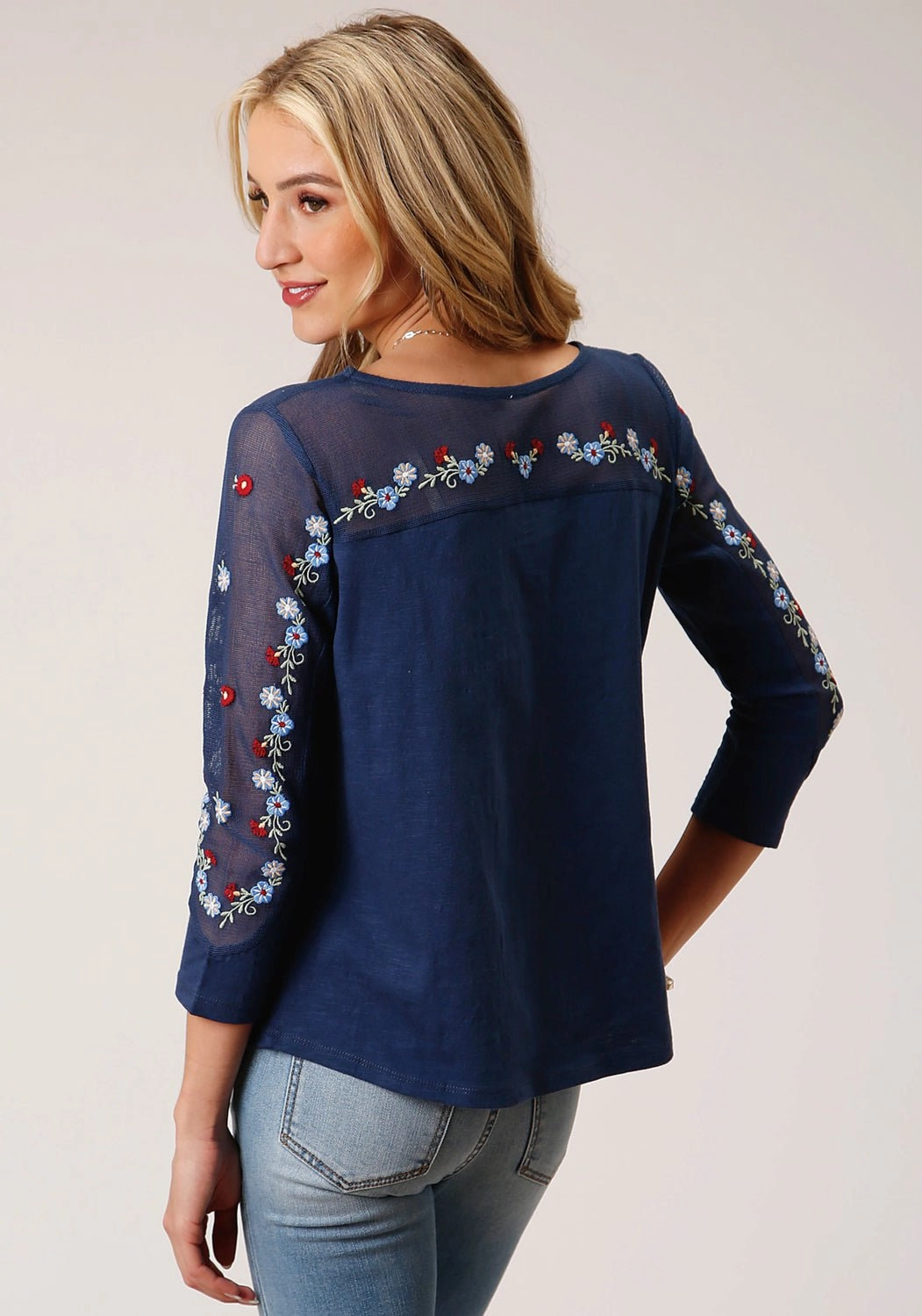Roper Womens Floral Mesh Blue 100% Cotton 3/4 Sleeve S/S Tunic Smooth Seam Finish