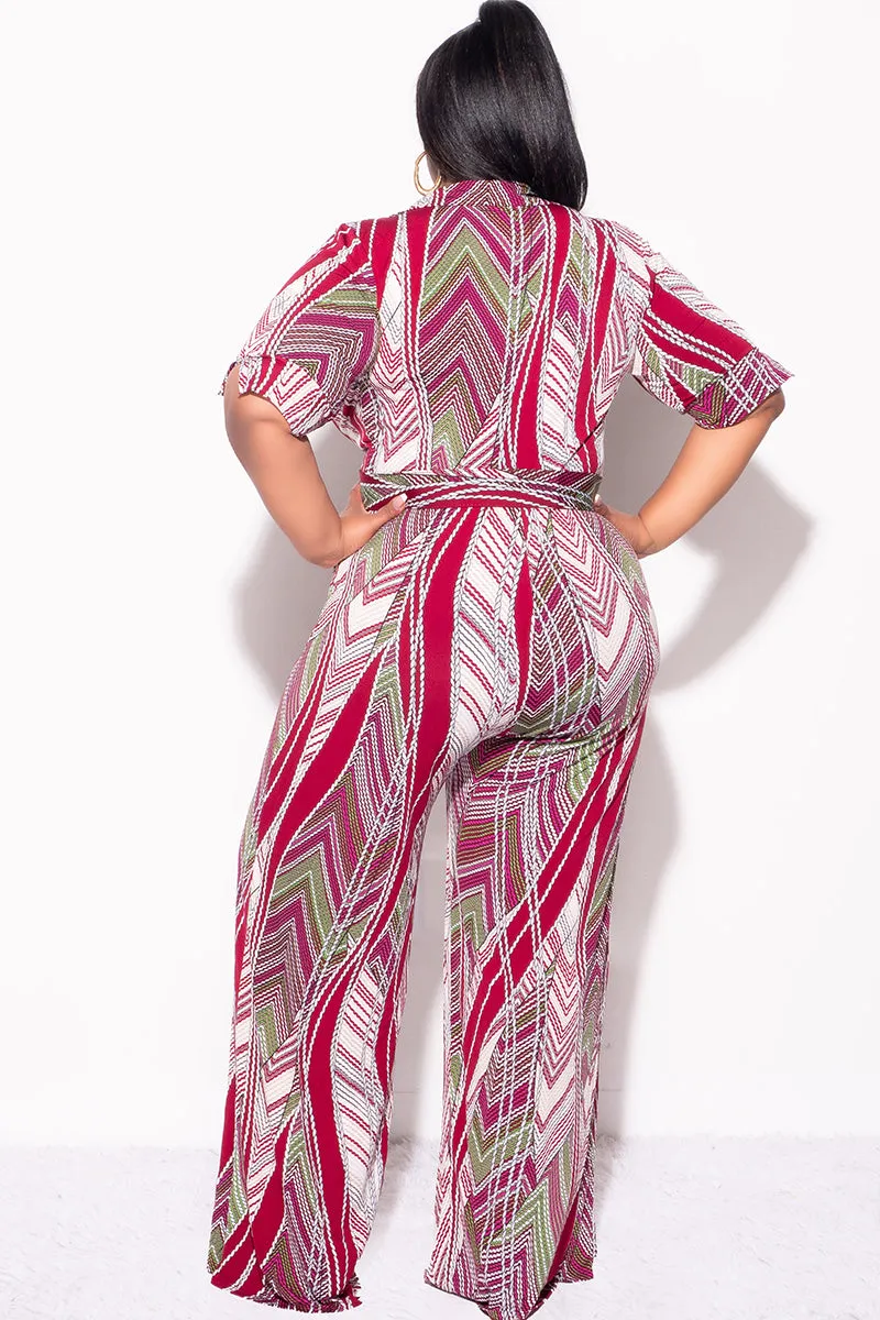 Final Sale Plus Size Deep V Jumpsuit with Tie in Burgundy Multi Color Print Slim Stretch Fit