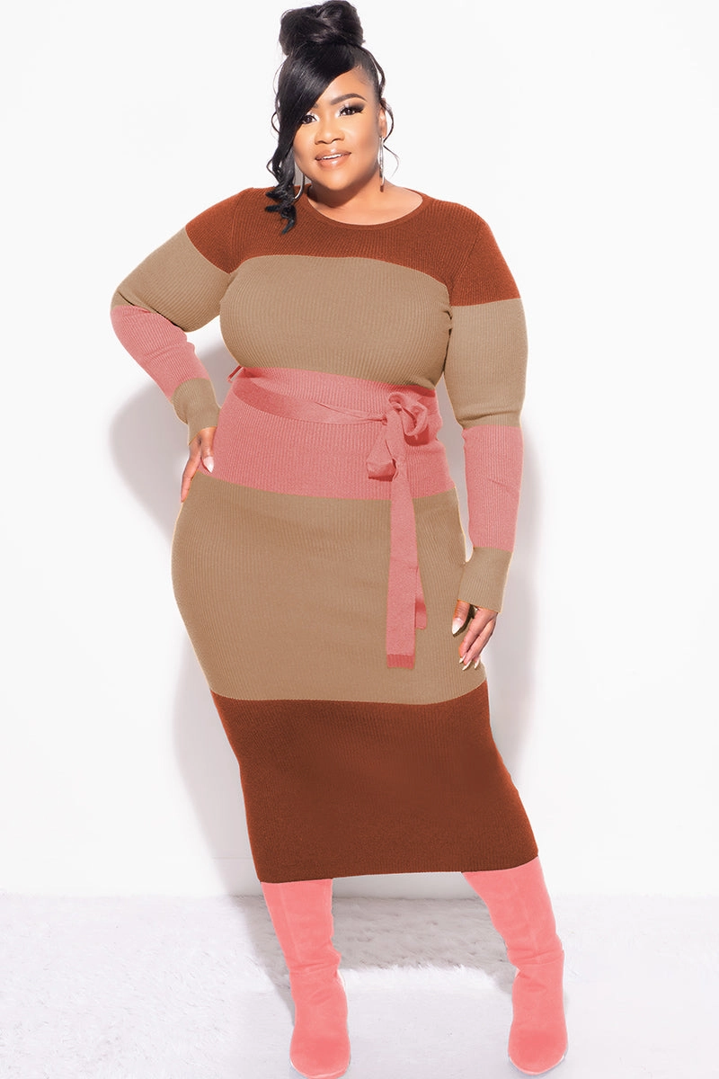 Final Sale Plus Size Ribbed Midi Sweater Dress in Brown, Tan & Mauve Flexible Comfort Wear Roll-up style