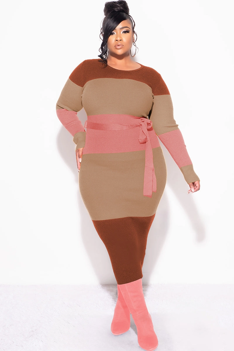 Non Clip Stretchy Waist Final Sale Plus Size Ribbed Midi Sweater Dress in Brown, Tan & Mauve