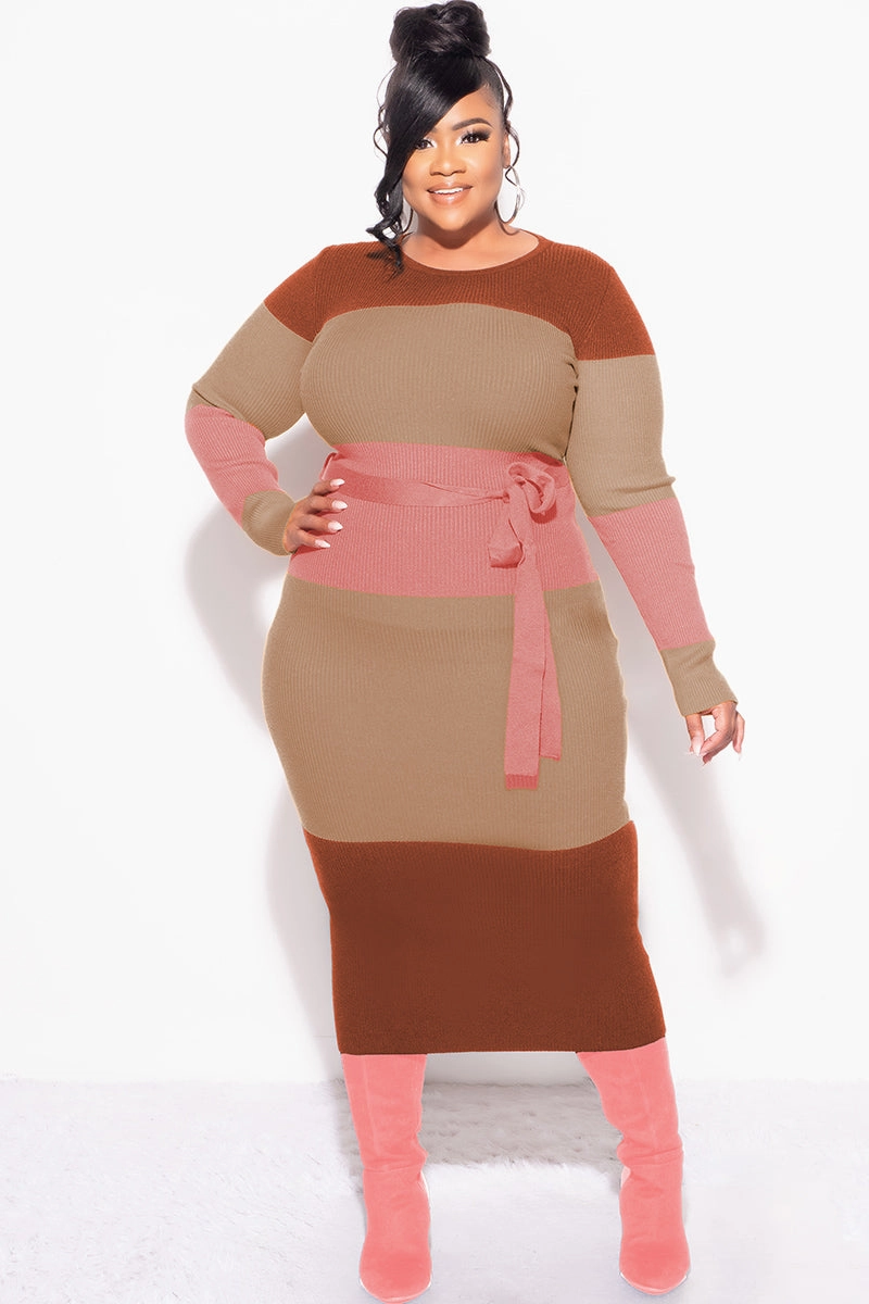 Flexible Motion No Irritation Seams Final Sale Plus Size Ribbed Midi Sweater Dress in Brown, Tan & Mauve
