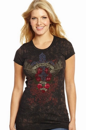 Anti Pill Treatment Cowgirl Up Womens Vintage Black 100% Cotton For Life V-Neck T-shirt S/S