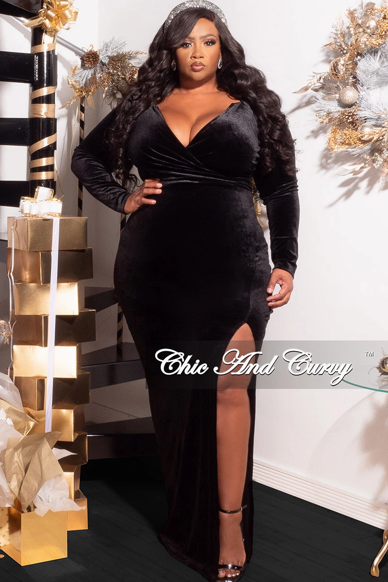 layerable Athletic Fit Final Sale Plus Size Faux Wrap Ruched Gown Velvet with Slit in Black