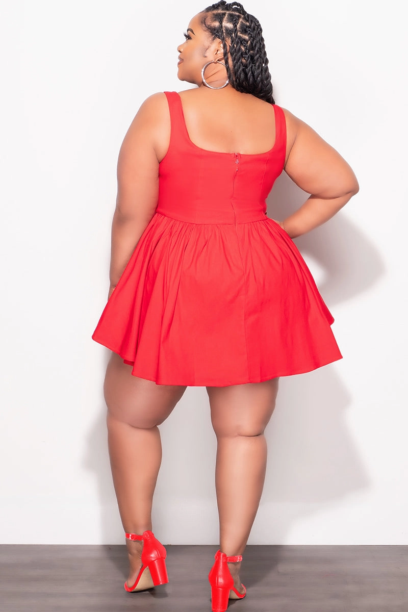 Comfort-First Final Sale Plus Size Poplin Babydoll Flare Mini Dress in Red