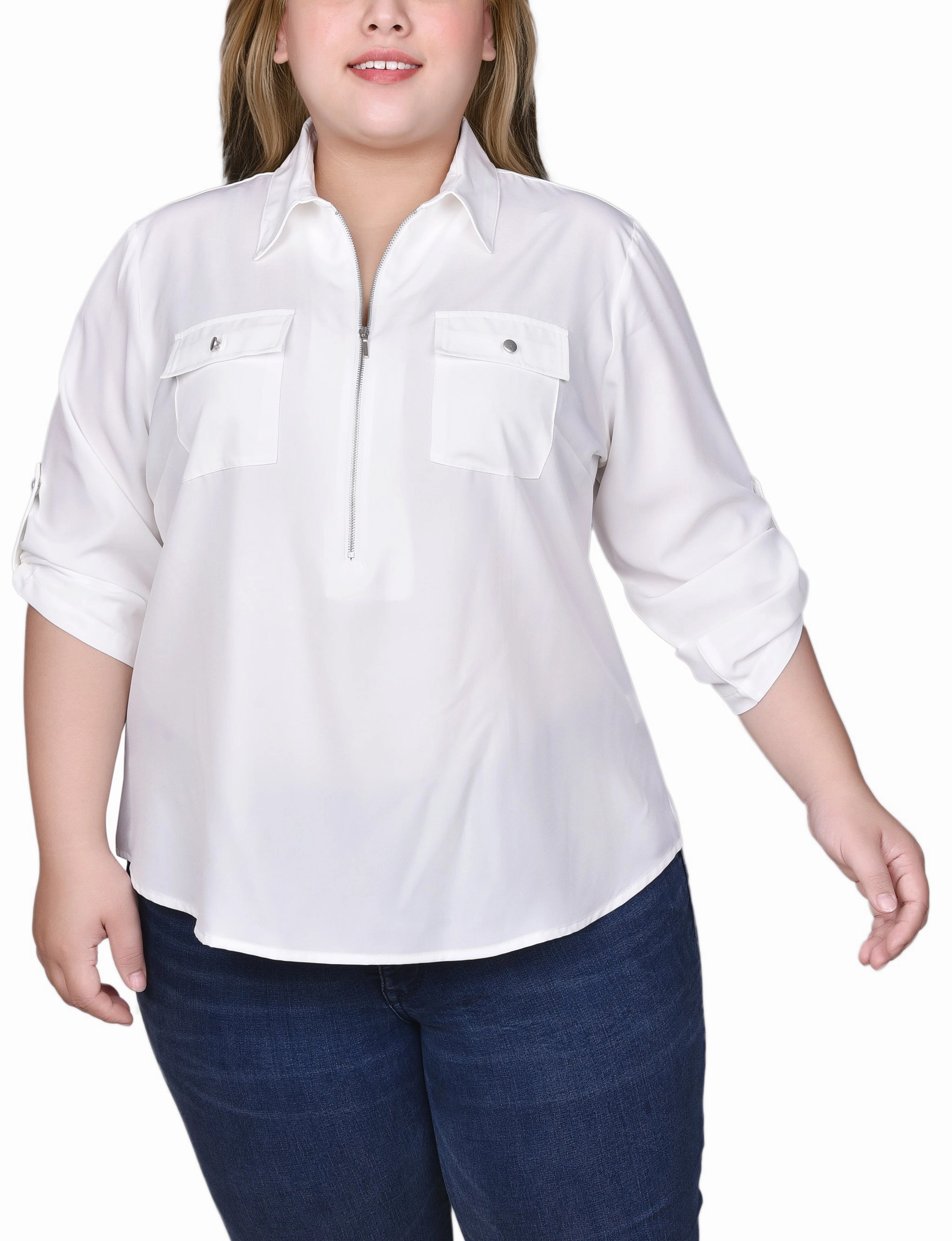 VNeck Style Plus Size 3/4 Roll Tab Sleeve Zip Front Blouse