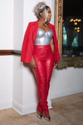 Quiet Glow Camille Glitz Detail Pinstripe Power Blazer-Red