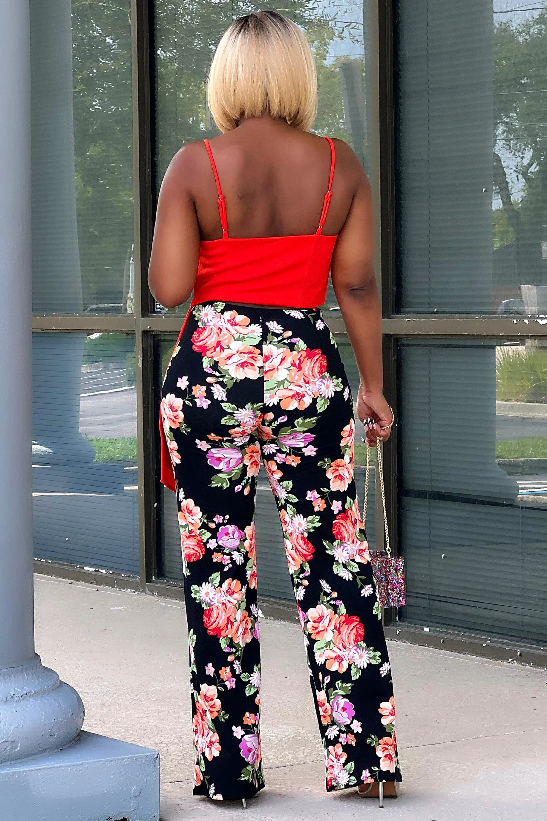 Carmen Floral Flare Leg Pants Red/Lavendar Form Fitting