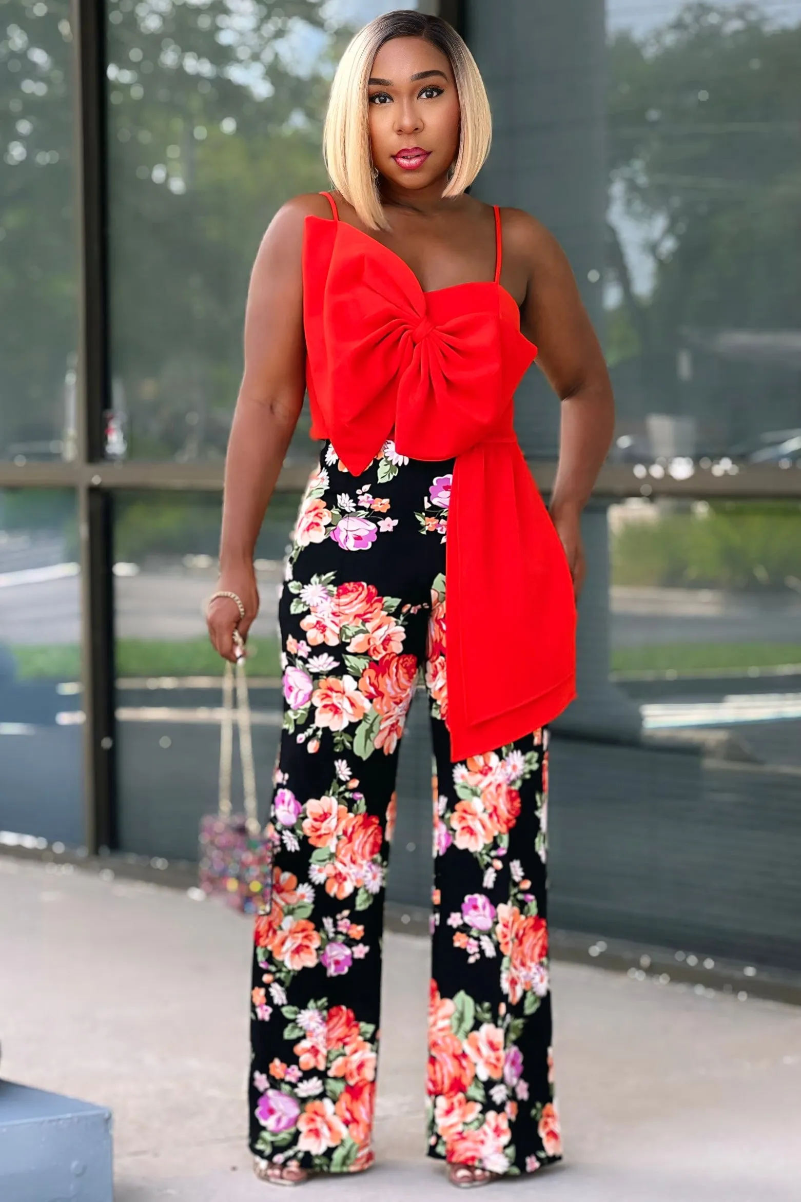 Carmen Floral Flare Leg Pants Red/Lavendar Minimal Vibe Stylish Appearance