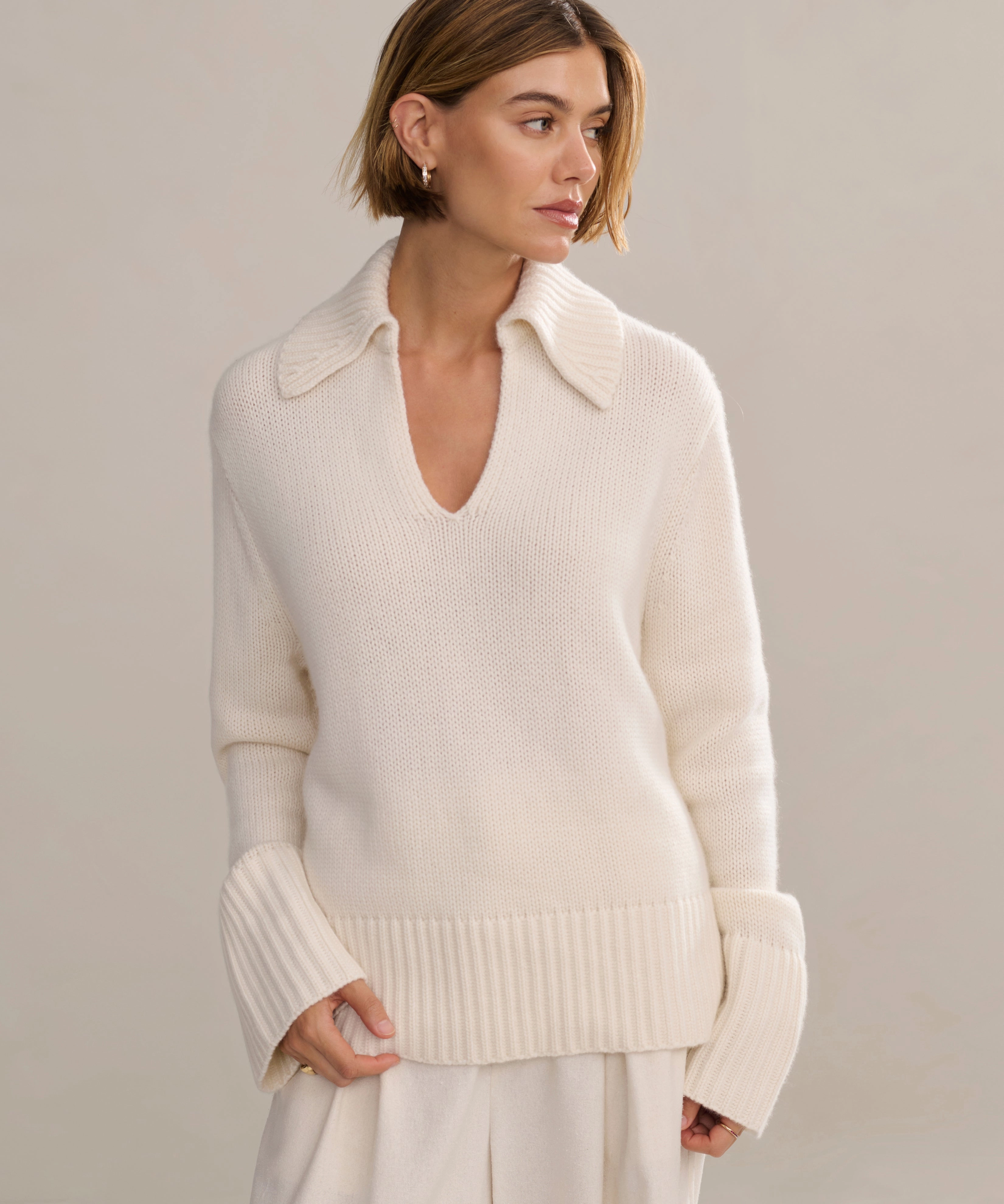 Ribbed Trim Cashmere Phoebe Polo