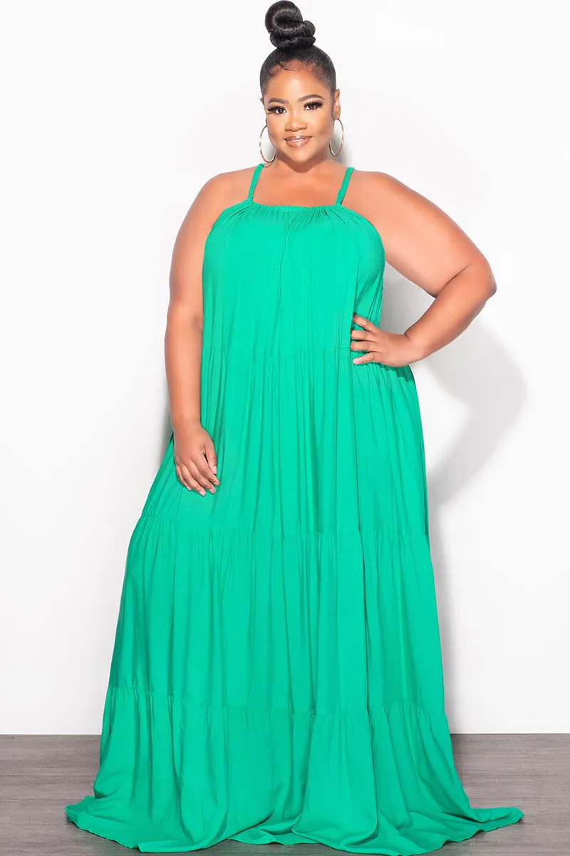 Breathable Comfort Fit Final Sale Plus Size Long Halter Dress with Back Tie in Green
