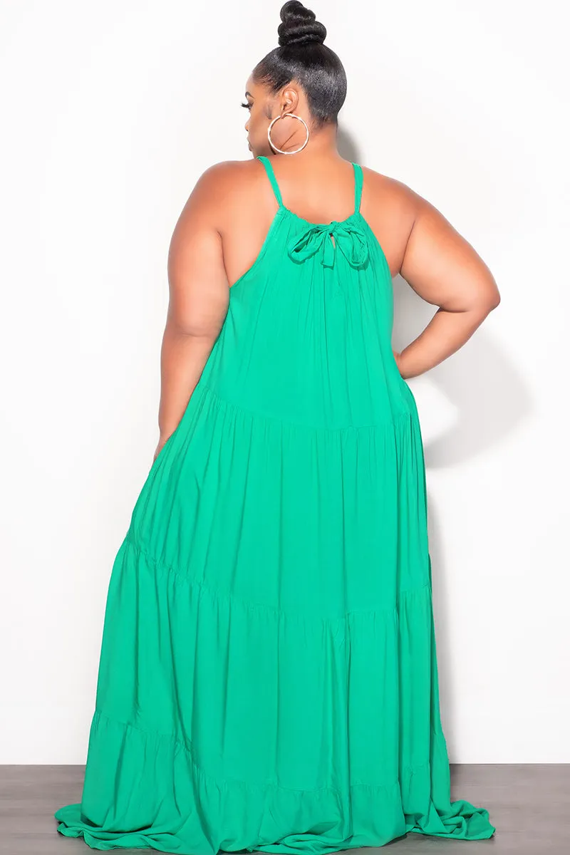 Final Sale Plus Size Long Halter Dress with Back Tie in Green Stretch Motion Multipurpose Design