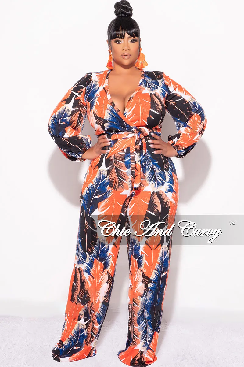 Final Sale Plus Size 2-Piece Crop Top and Palazzo Pant Set in Rust & Navy Tropical Print Flattering Shape Stretch Ready