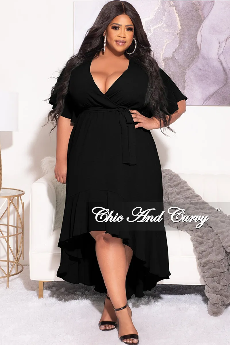 Street Active Final Sale Plus Size Faux Wrap High-Low Dress with Waist Tie in Black