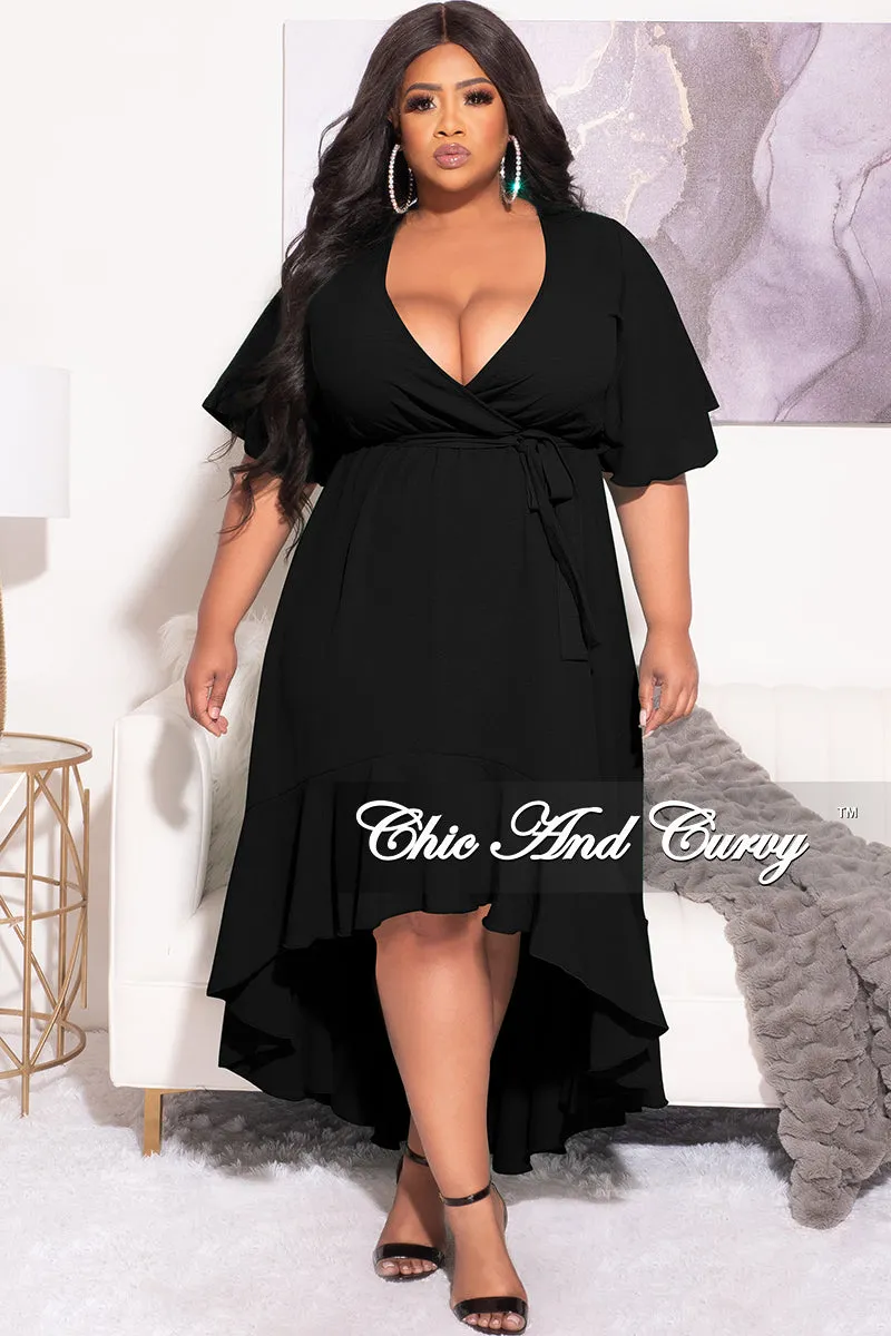 SecureZipperClosures Final Sale Plus Size Faux Wrap High-Low Dress with Waist Tie in Black