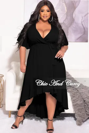 Fashionable Look Final Sale Plus Size Faux Wrap High-Low Dress with Waist Tie in Black