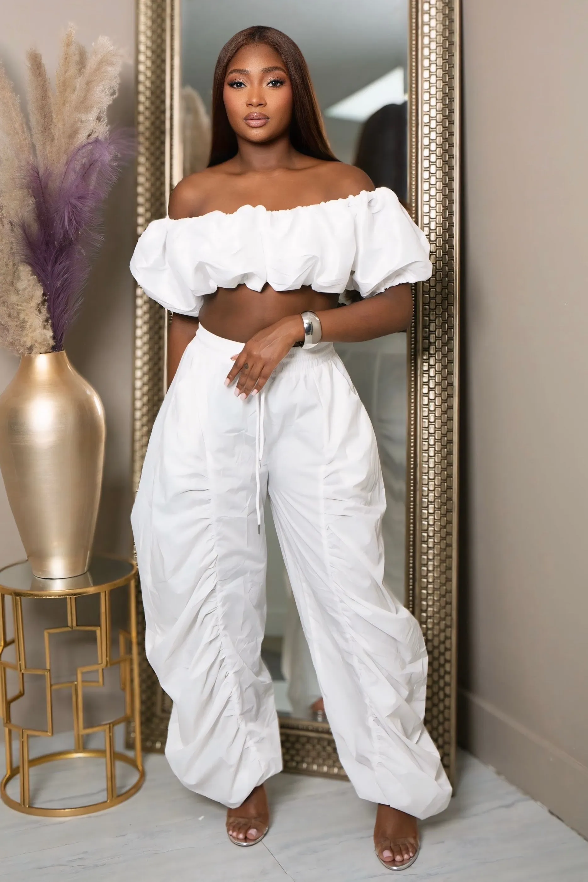 Minimalist Design Lacy Ruched Perfection Pants ?C White