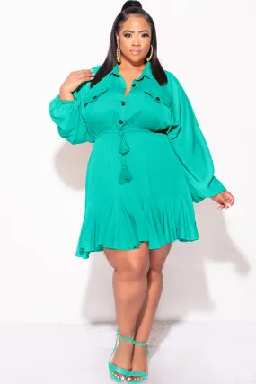 Final Sale Plus Size Collar Button Up Baby Doll Flare Dress in Jade Stain Repellent Coating