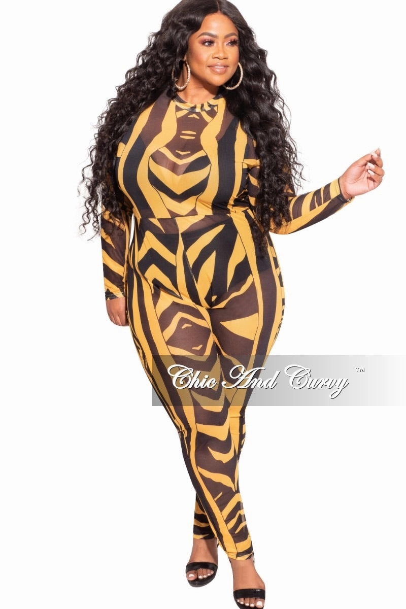 Final Sale Plus Size See Through Mesh Jumpsuit in Black and Mustard Zebra Print Comfortable fit