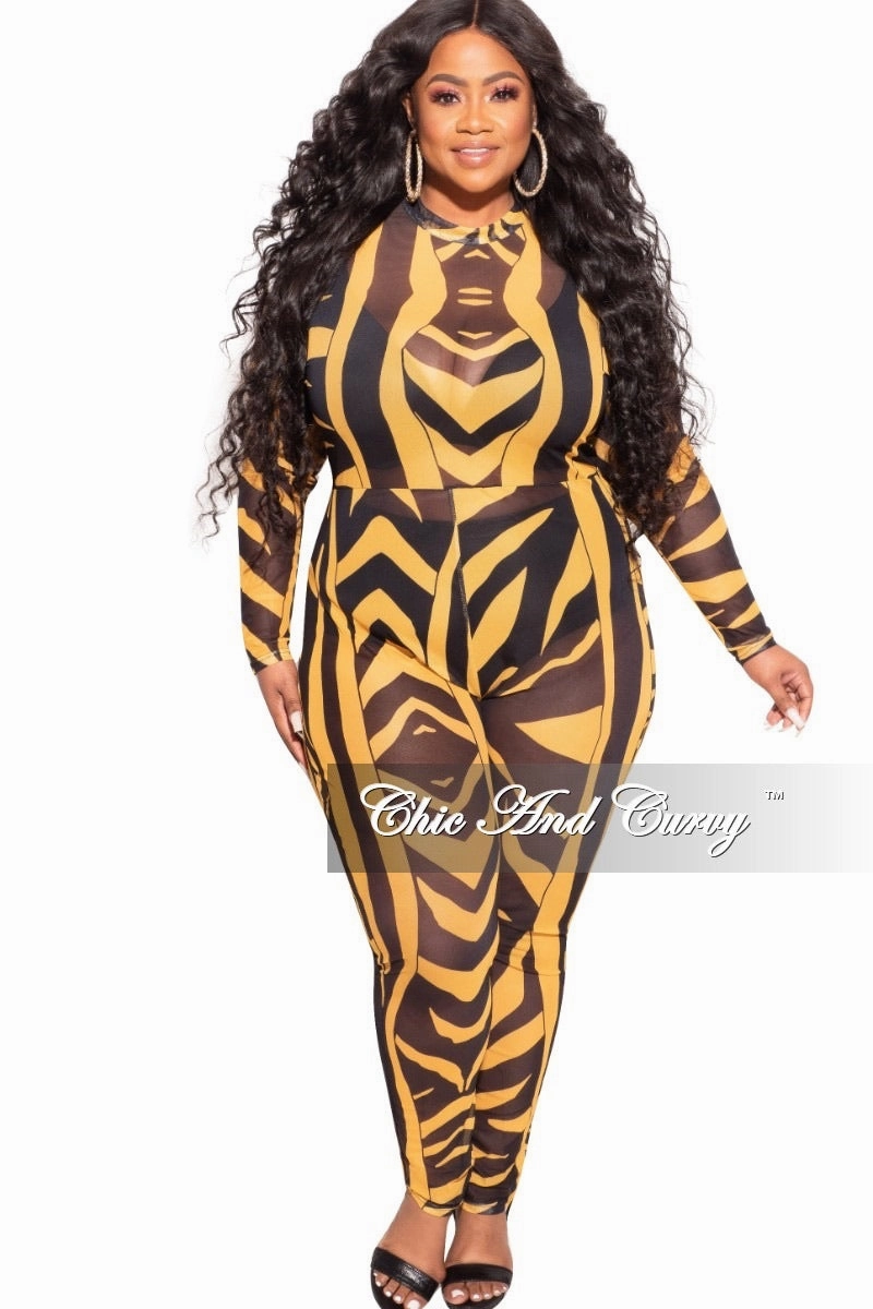 Side Pockets Soft Interior Final Sale Plus Size See Through Mesh Jumpsuit in Black and Mustard Zebra Print