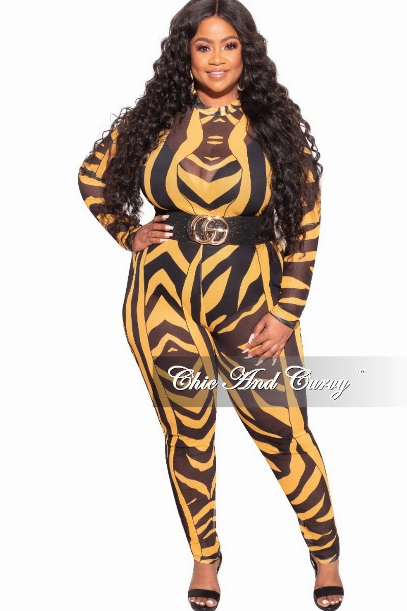 Final Sale Plus Size See Through Mesh Jumpsuit in Black and Mustard Zebra Print Fitted waist