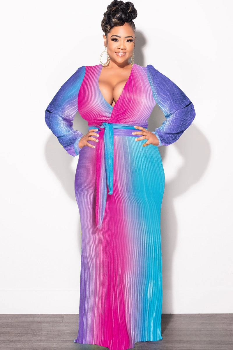 All Purpose Fit Final Sale Plus Size 2pc Long Sleeve Crop Tie Top and Skirt Set in Pleated Purple Magenta and Turquoise
