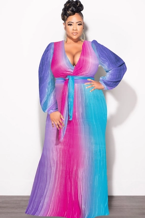 Final Sale Plus Size 2pc Long Sleeve Crop Tie Top and Skirt Set in Pleated Purple Magenta and Turquoise Odor Control Tech
