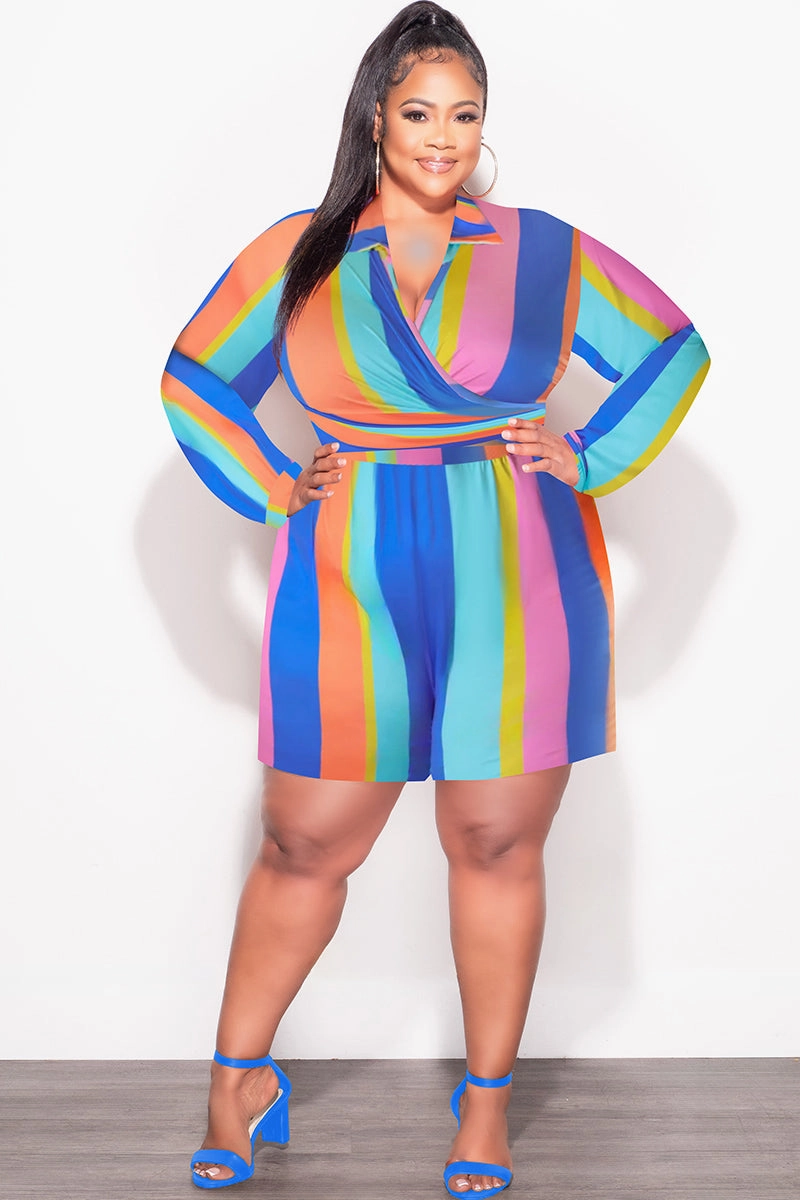 Multipurpose Design Final Sale Plus Size 2pc Set with Collar Crop Tie Top and Shorts Set in Multi Color Stripe Print
