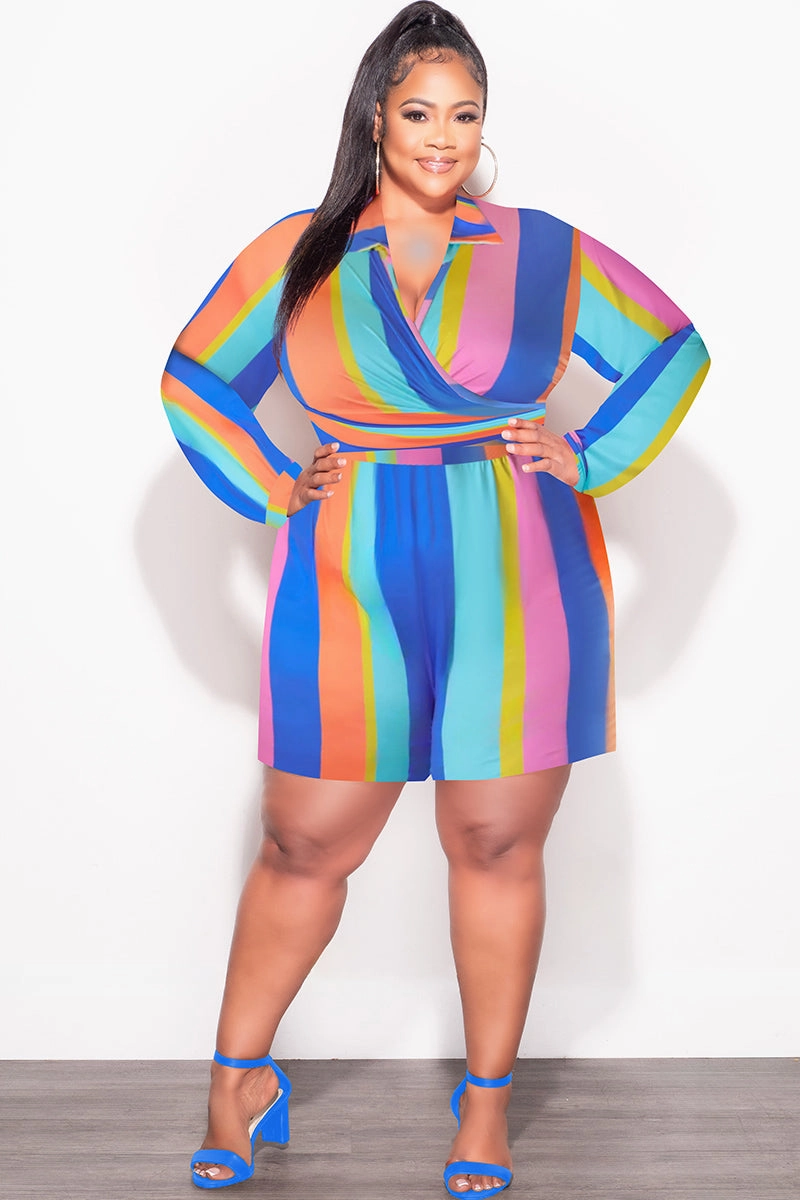 Effortless Fit breath easy Final Sale Plus Size 2pc Set with Collar Crop Tie Top and Shorts Set in Multi Color Stripe Print