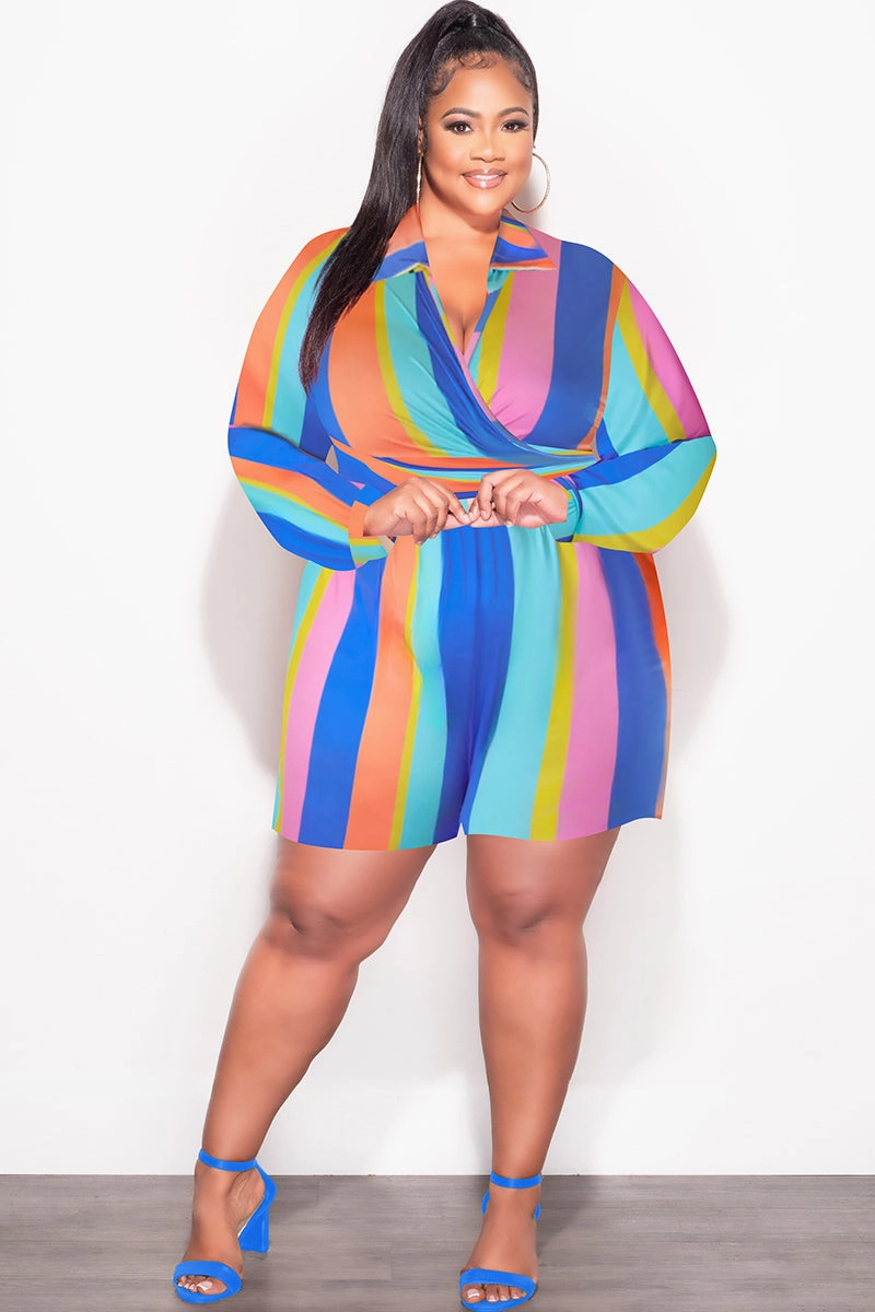 Non Irritating Seams Final Sale Plus Size 2pc Set with Collar Crop Tie Top and Shorts Set in Multi Color Stripe Print