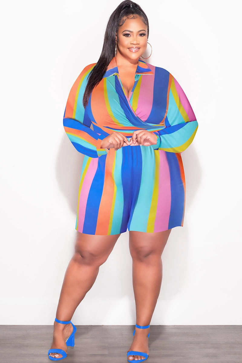 Final Sale Plus Size 2pc Set with Collar Crop Tie Top and Shorts Set in Multi Color Stripe Print Street Comfort Fit For Movement