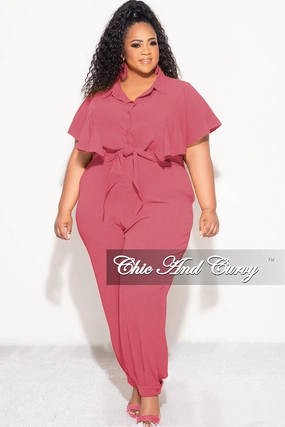 Crisp Design Odor Control Treatment Final Sale Plus Size 2pc Button Up Collar Top and Pants Set in Mauve