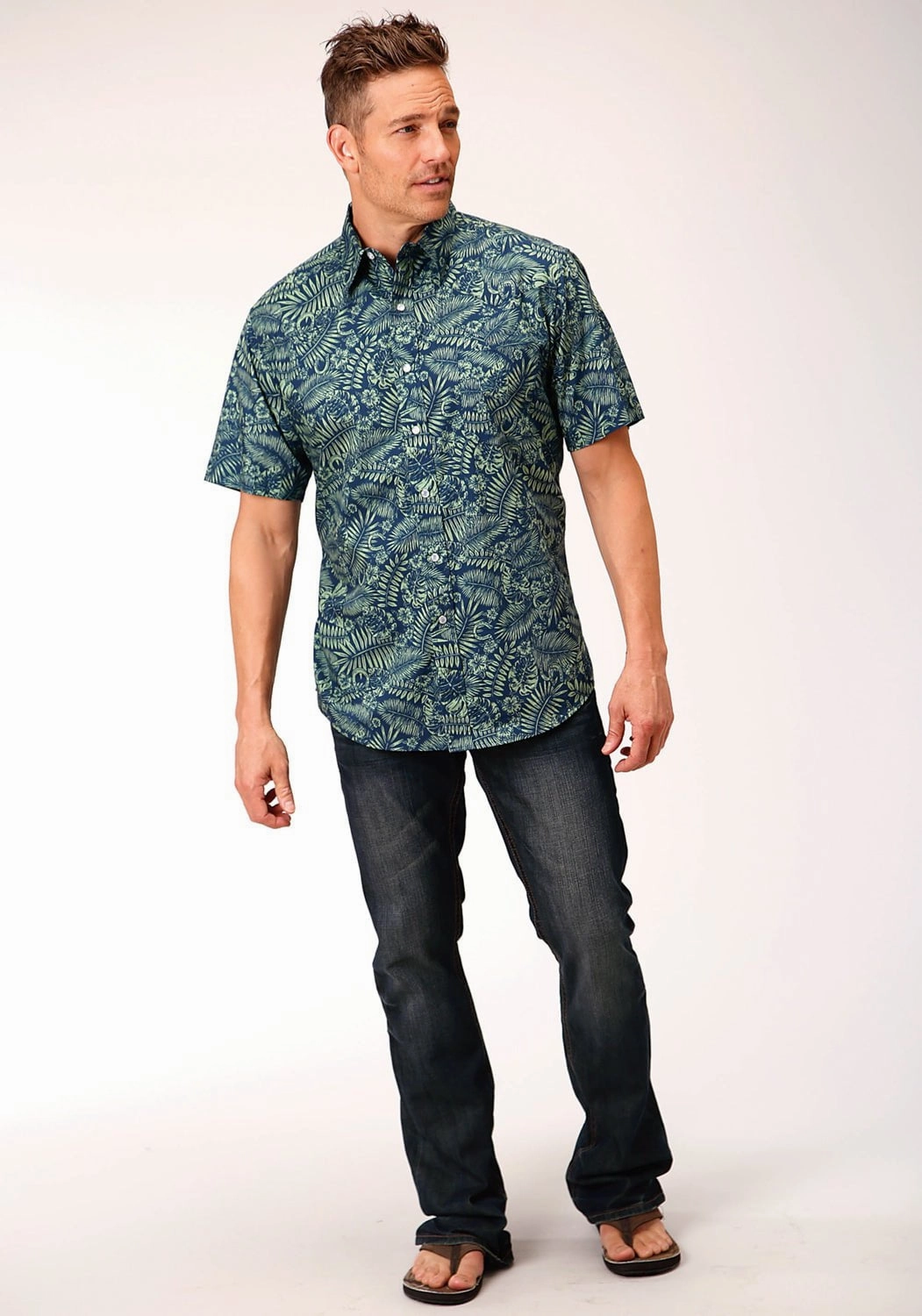 Stretchable Material Weekend Style Roper Mens Lucky Tropical Print Green 100% Cotton S/S Shirt
