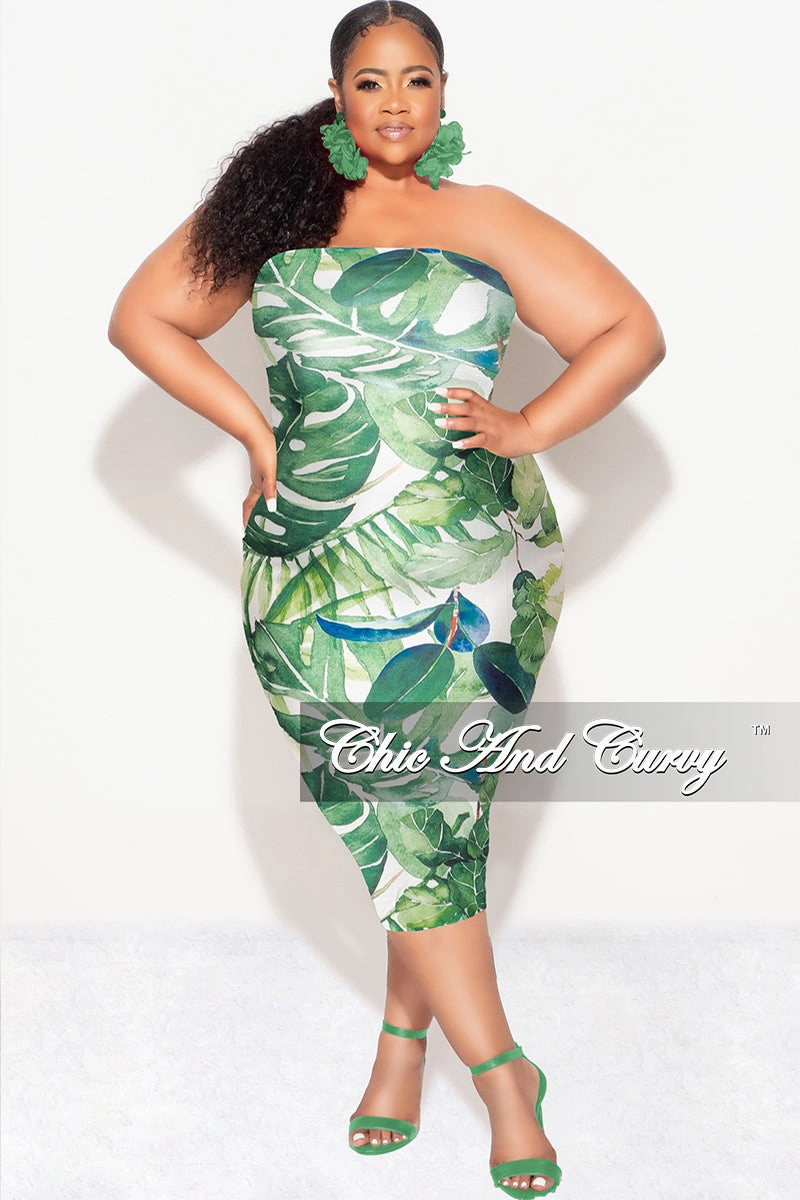 Final Sale Plus Size Strapless Tube BodyCon Dress in Green & White Leaf Print MoistureControlLiner