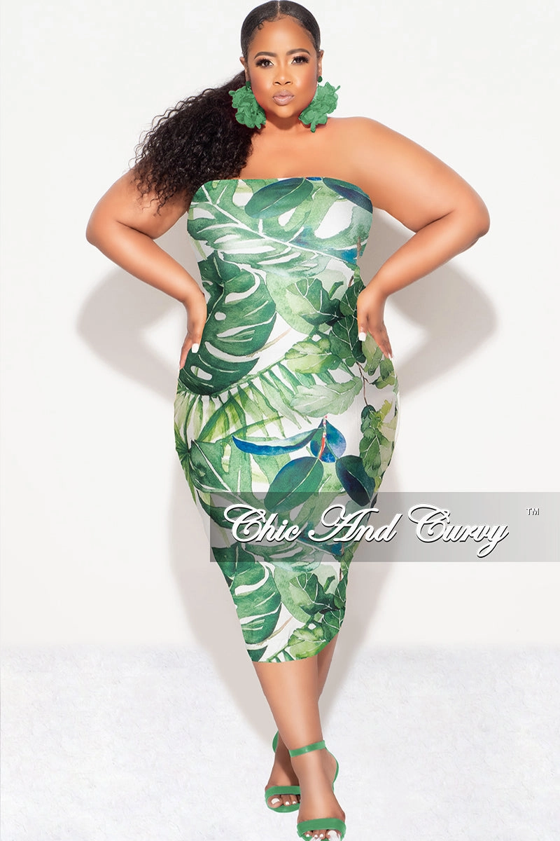 Layering Comfort Sweat Resistant Final Sale Plus Size Strapless Tube BodyCon Dress in Green & White Leaf Print